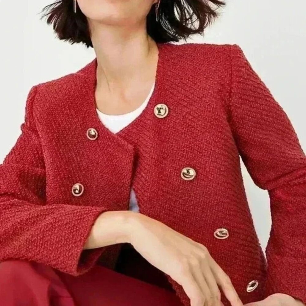 Ann Taylor Tweed Crew Neck Double Breasted Jacket Size 14 Bright Brick